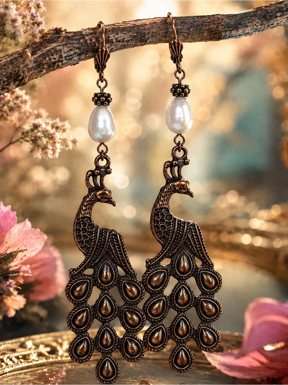 Freshwater Pearl Peacock Earrings | Antique Copper